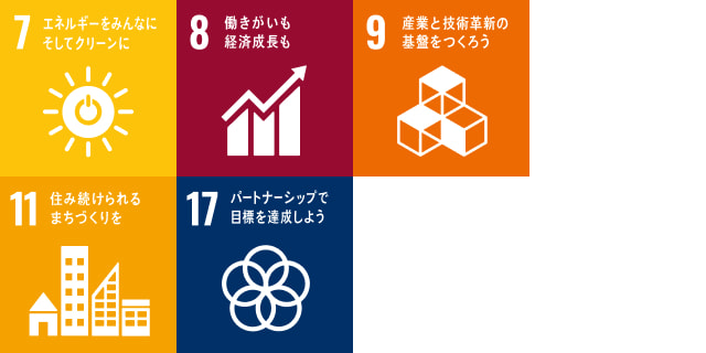 7 エネルギーをみんなに。そしてクリーンに　8 働きがいも経済成長も　9 産業と技術革新の基盤を作ろう　11 住み続けられるまちづくりを　17 パートナーシップで目標を達成しよう